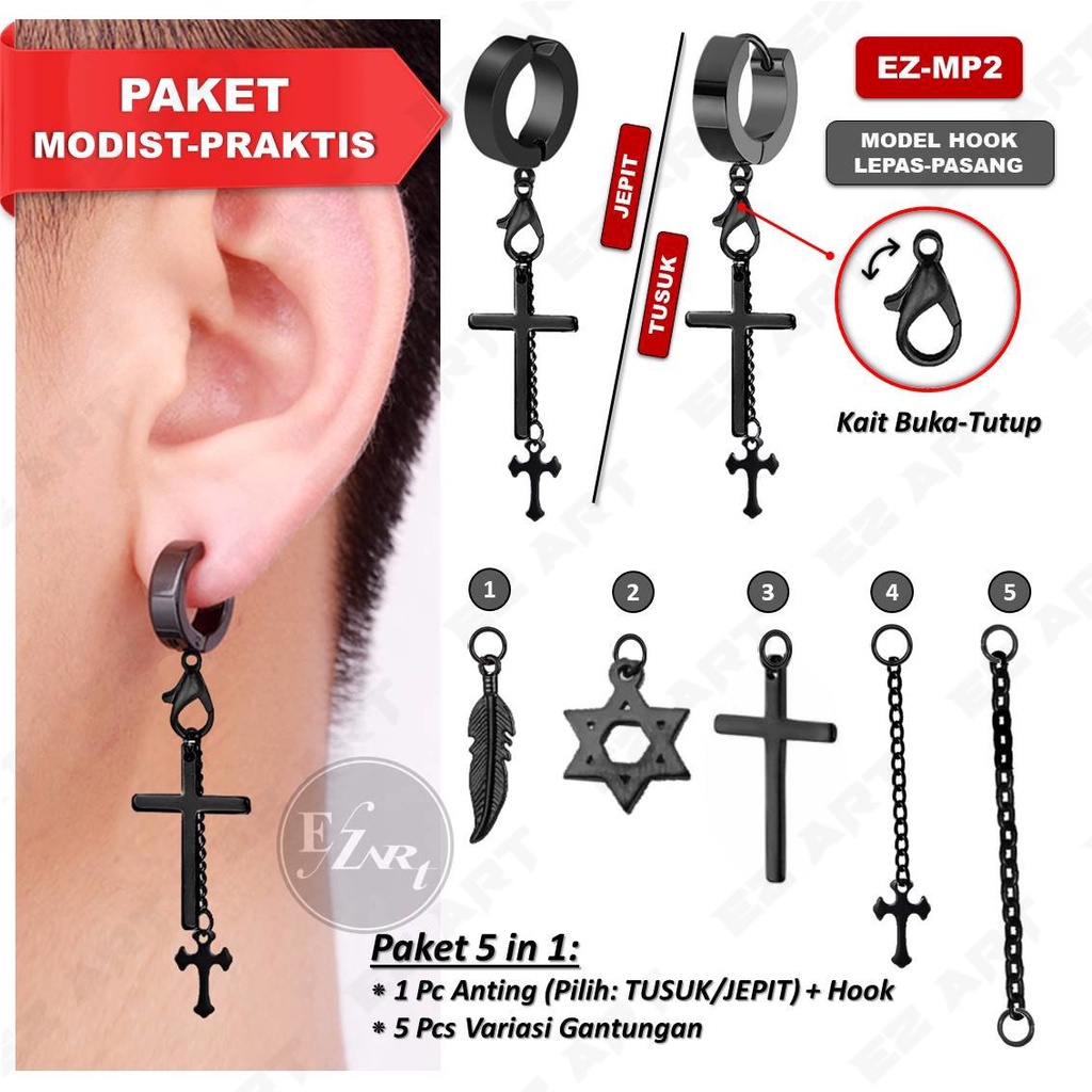 [PAKET 5 IN 1] ANTING HITAM TUSUK / JEPIT + 5 GANTUNGAN SALIB ECG HEXAGRAM RANTAI PRIA WANITA EZ-MP2