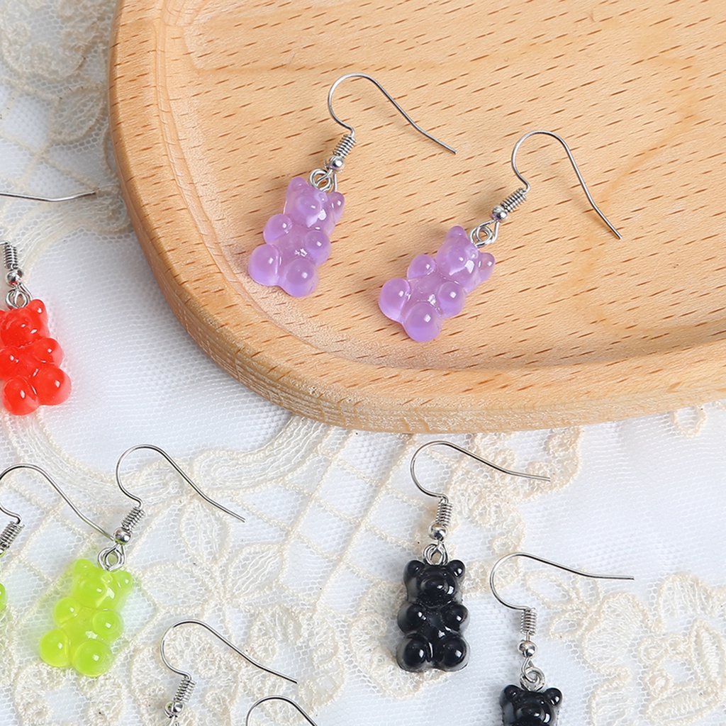 Anting Kait Menjuntai Desain Beruang Polikromatik Bahan Akrilik Warna Permen Jelly Untuk Wanita