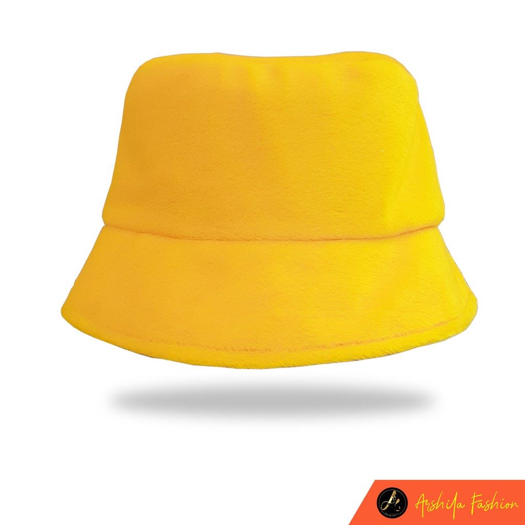 Topi Bucket Wanita Bahan Bulu Lembut Hangat Motif Polos by