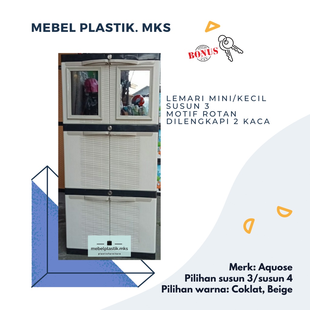 Lemari Pakaian Cermin 2/ Lemari Plastik/Lemari Mini / Lemari Kecil Aquose Susun 3/4 Kaca Kunci