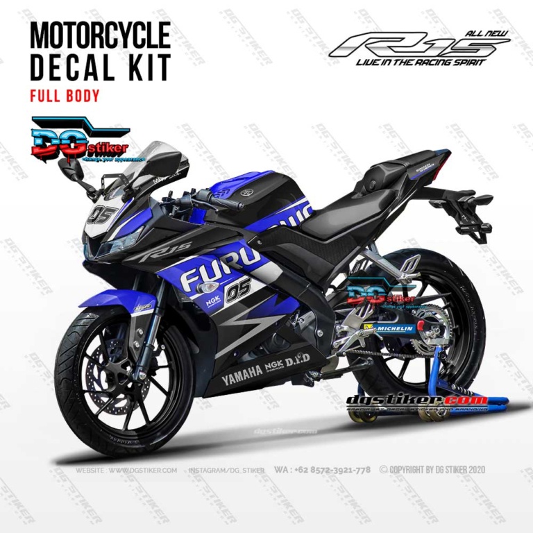 Decal Striping Full Body R15 V3 Hitam Biru DG Stiker