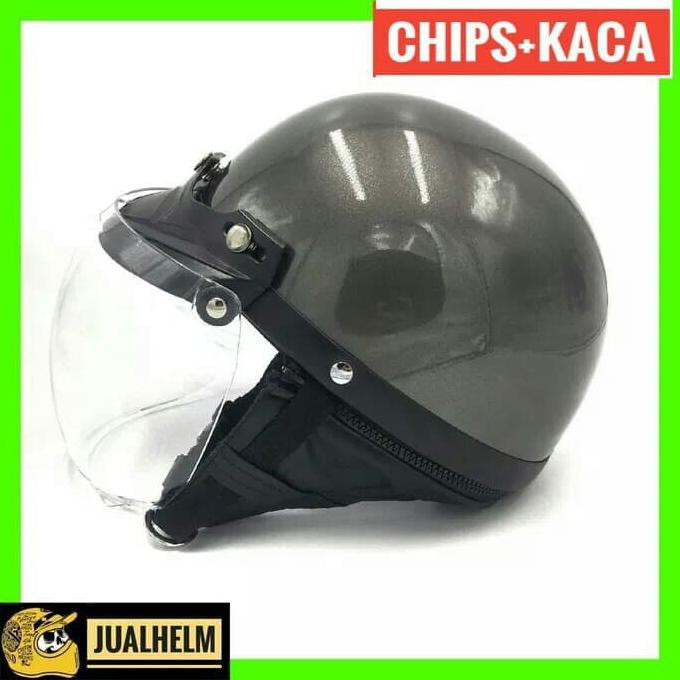 RESPON CEPAT HELM CHIPS GREY GLOSSY DENGAN KACA - HELM VINTAGE - HELM CHIP EKONOMIS
