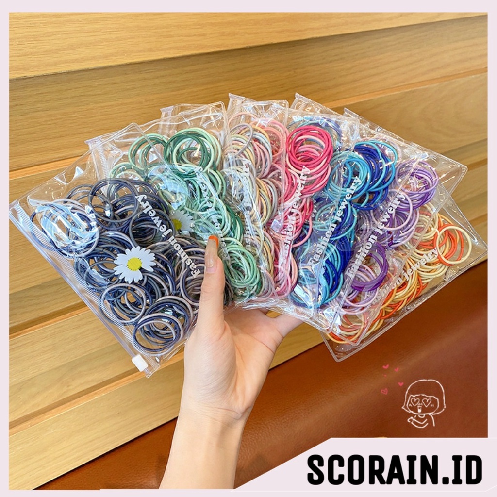 KARET RAMBUT ELASTIS ANAK-ANAK ISI 100 PCS FASHION JEWERLY FREE POUCH TRANSPARAN | IKATAN RAMBUT LEMBUT WARNA-WARNI ANAK KECIL WARNA SOFT