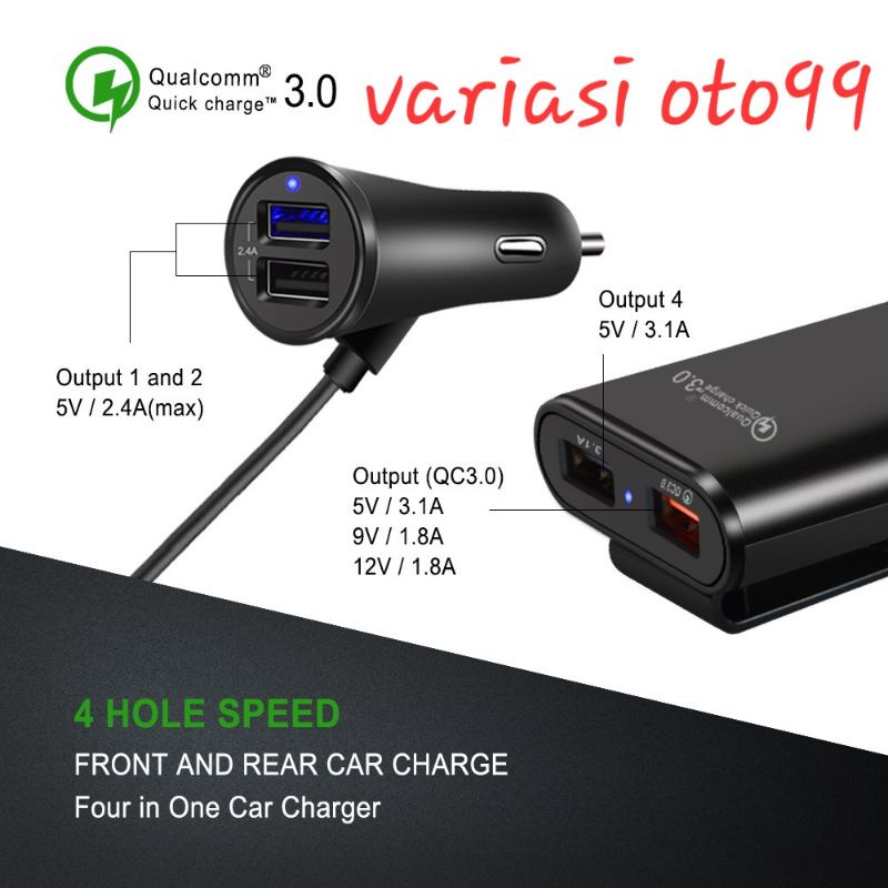 Extender Casan Mobil Car Charger Extension 4 port QC 3.0 Qualcomm crad Car