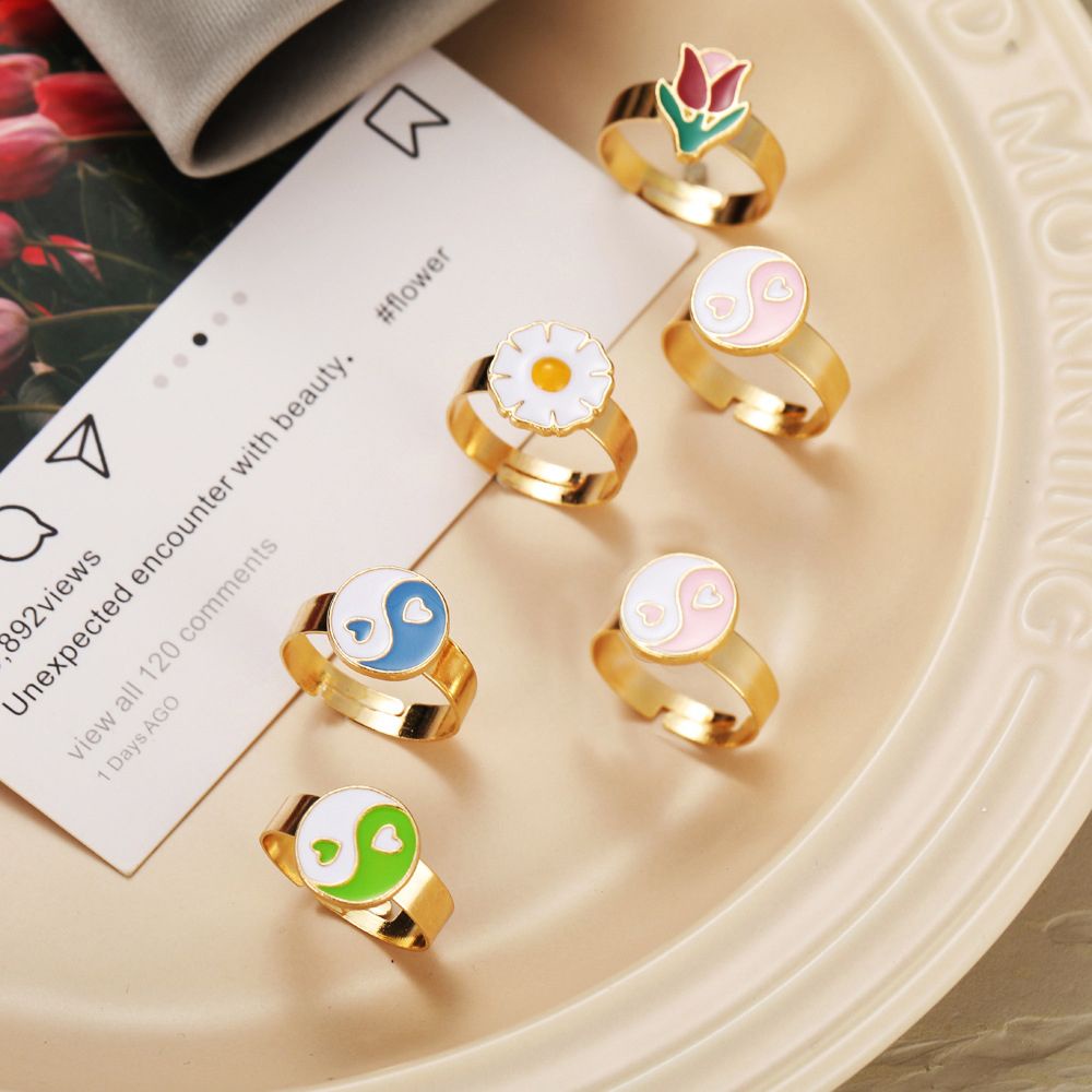 Needway  Sweet Finger Rings Geometric Fashion Jewelry Alloy Open Rings Heart Women Cute Tulip Korean Daisy Enamel