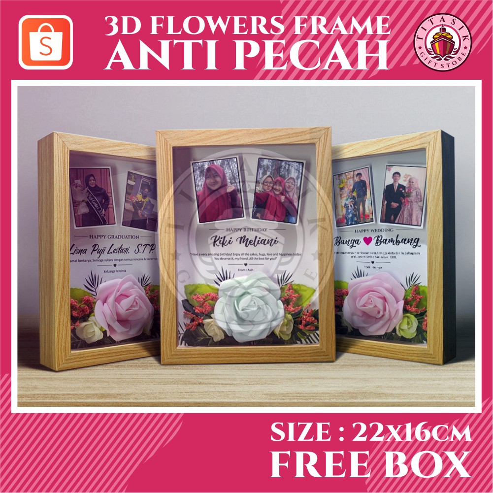 3D flowers frame bunga kado wisuda / ulang tahun / hadiah pernikahan anti pecah gratis box
