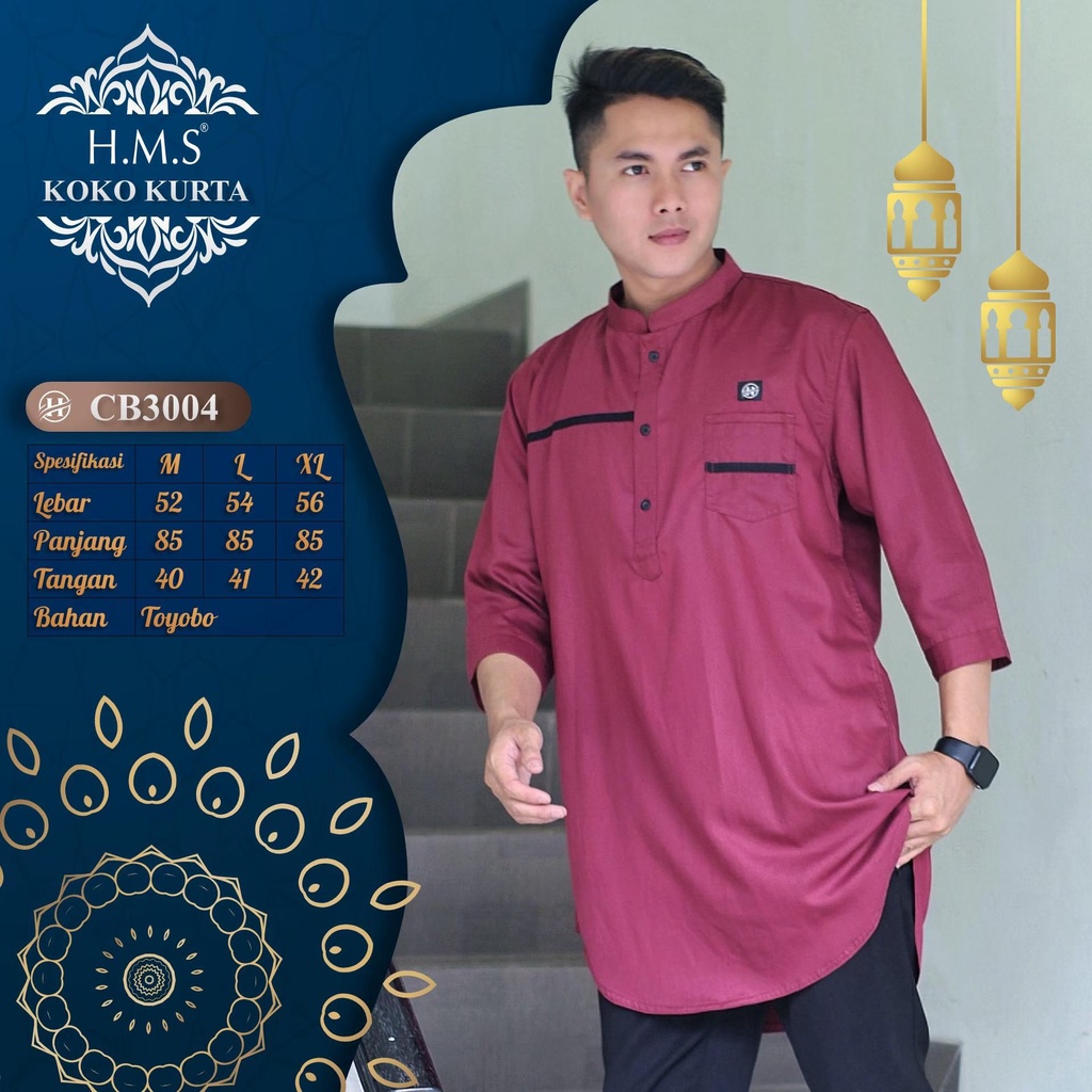 HMS baju muslim pria lengan tiga perempat baju muslim kurta warna navy art KODE CB3001