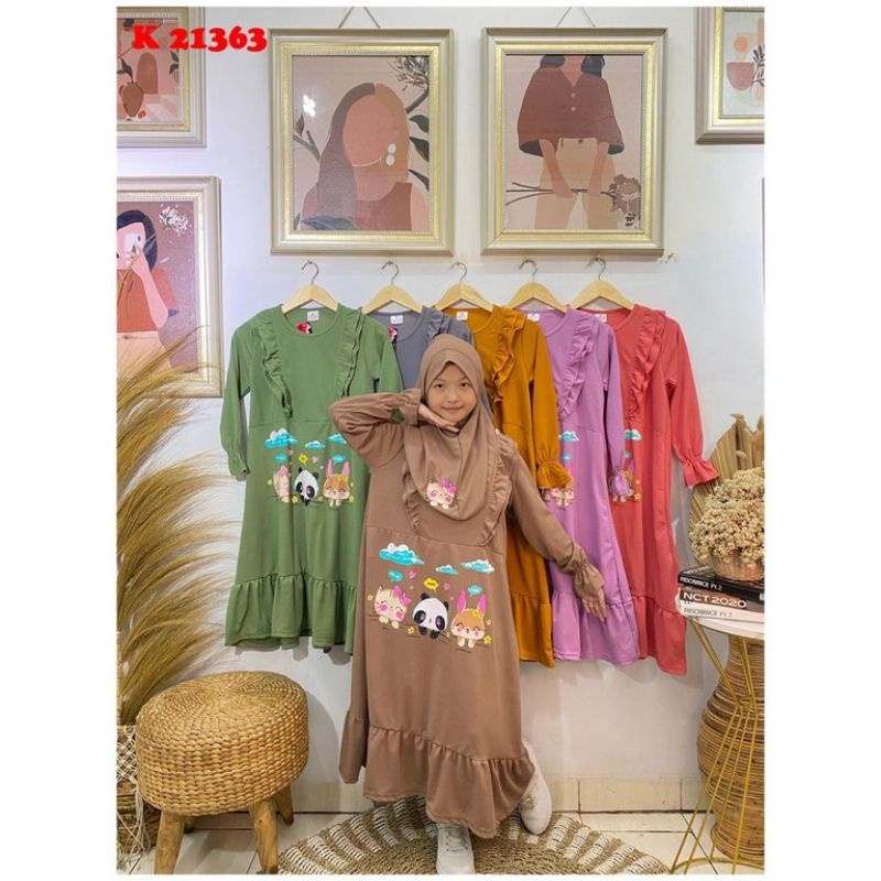 Gamis anak perempuan rempel 2 susun ruffle dada sablon panda + hijab (usia 8-10th) lengan smoked bah