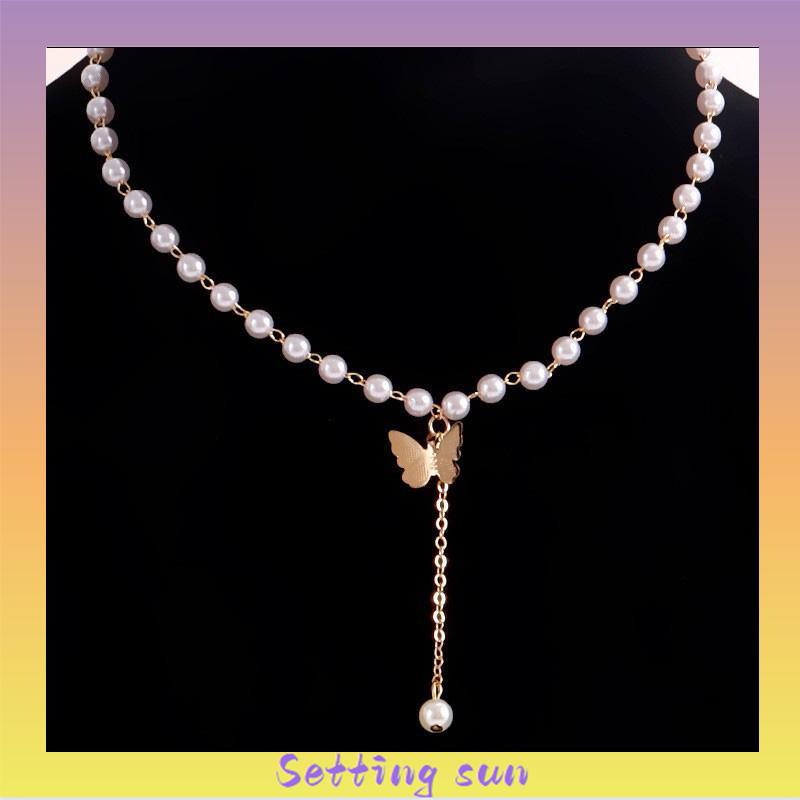 Retro Butterfly Pearl Kalung Lembut Gadis Kecil Cinta Liontin Kalung Rantai Klavikula TN