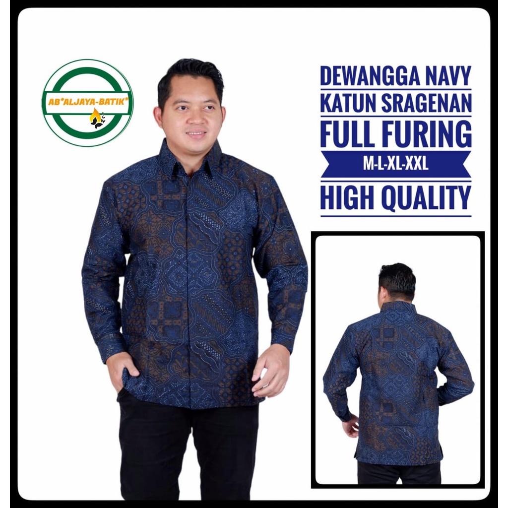 DEWANGGA NAVY Kemeja Batik Pria Lapis Furing PREMIUM Lengan Panjang Batik Solo Asli WARNA NAVY