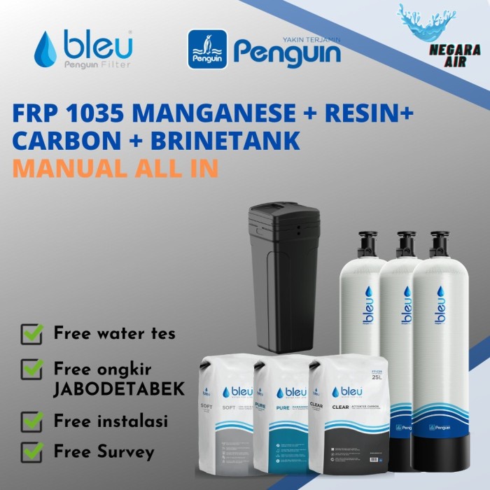 paket filter air penguin sumur/pdam FRP 1035 Manual Mangan + Carbon + Resin + Brinetank ALL IN