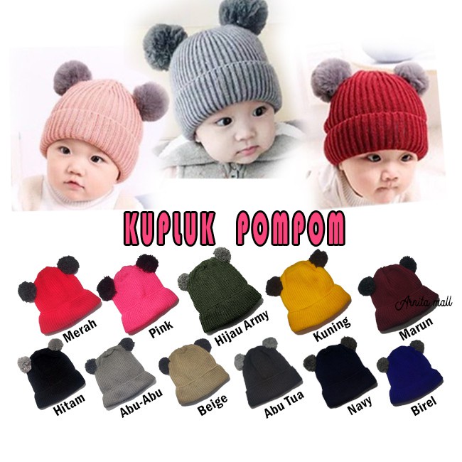 VnM037 |Topi Kupluk Rajut Bayi Pompom / Kupluk Bayi Perempuan &amp; Laki-Laki Murah / Baby Hat 2 pompom