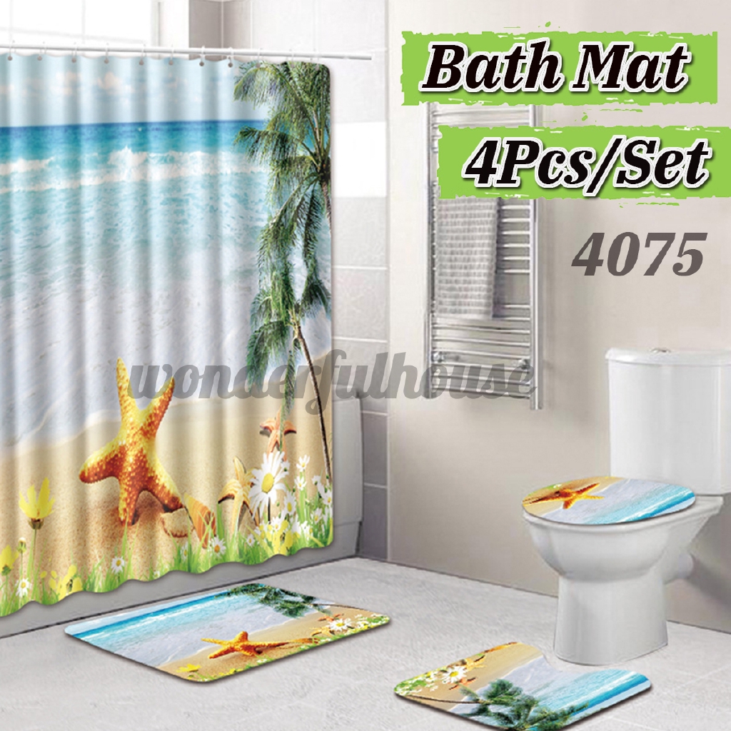 Bath Mat Set 4 Piece Bathroom Rug Toilet Cover And Mat Shower Curtain Customized Shower Curtain Floor Mat Toilet Seat Four Piece Sub Shopee Indonesia