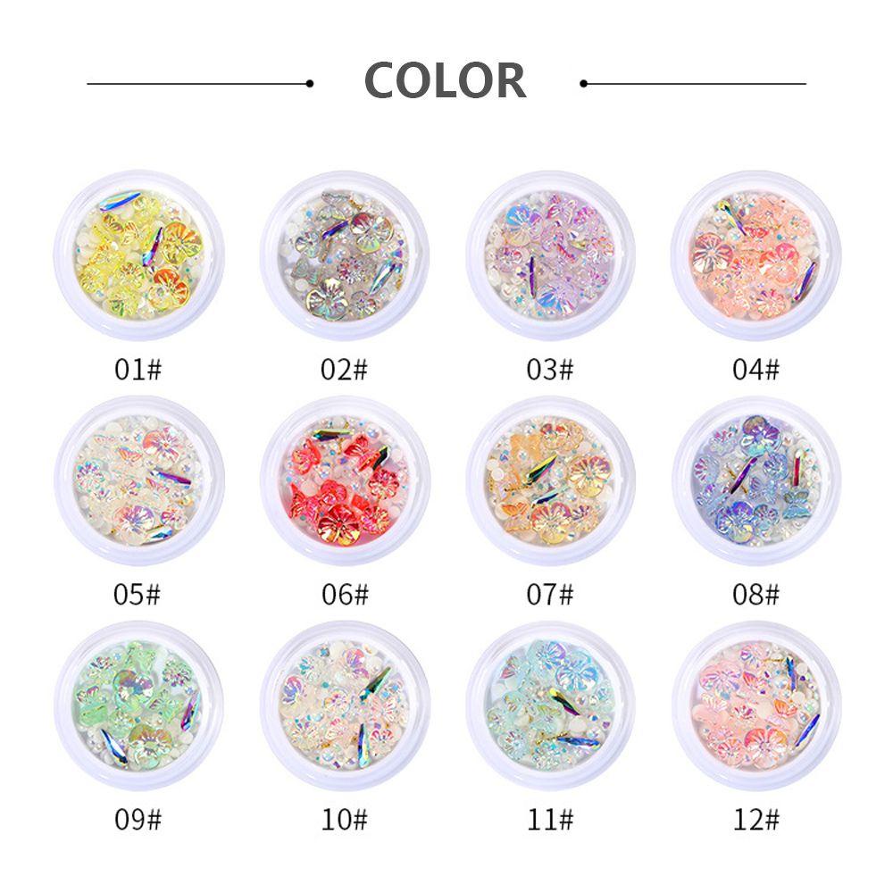 AUGUSTINA Agustin 3D Nail Art Dekorasi Set Aurora Warna-Warni DIY Kristal Manikur Aksesoris Mutiara Manik-Manik Bunga Pesona Kuku