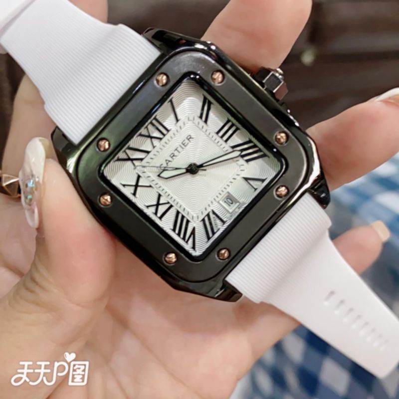 Jam Tangan Wanita/Pria Unisex Cartier Tanggal Aktif Tali Karet Free Box