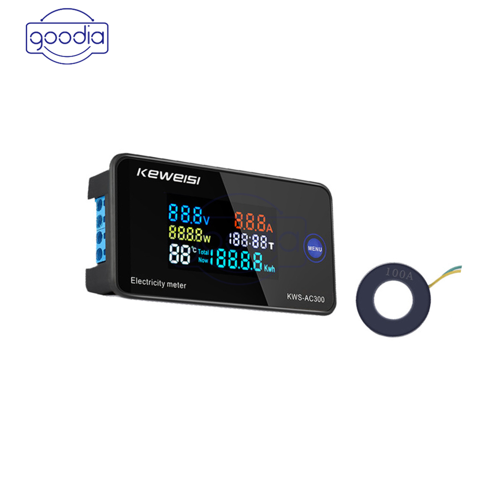 6 In 1 Kws-Ac300A Digital Meter Daya Suhu Ac 50-300v 100a Eksternal Layar Lcd Warna