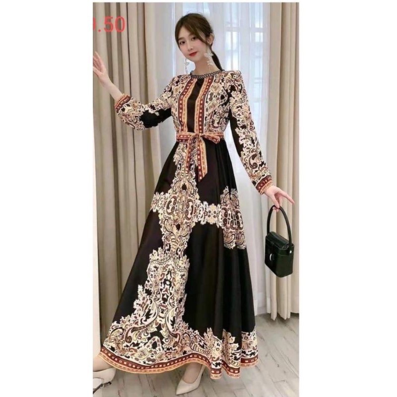 Gamis Bangkok mayung ori motif corak mewah lengan balon + tali pinggang bahan katun sutra impor merk