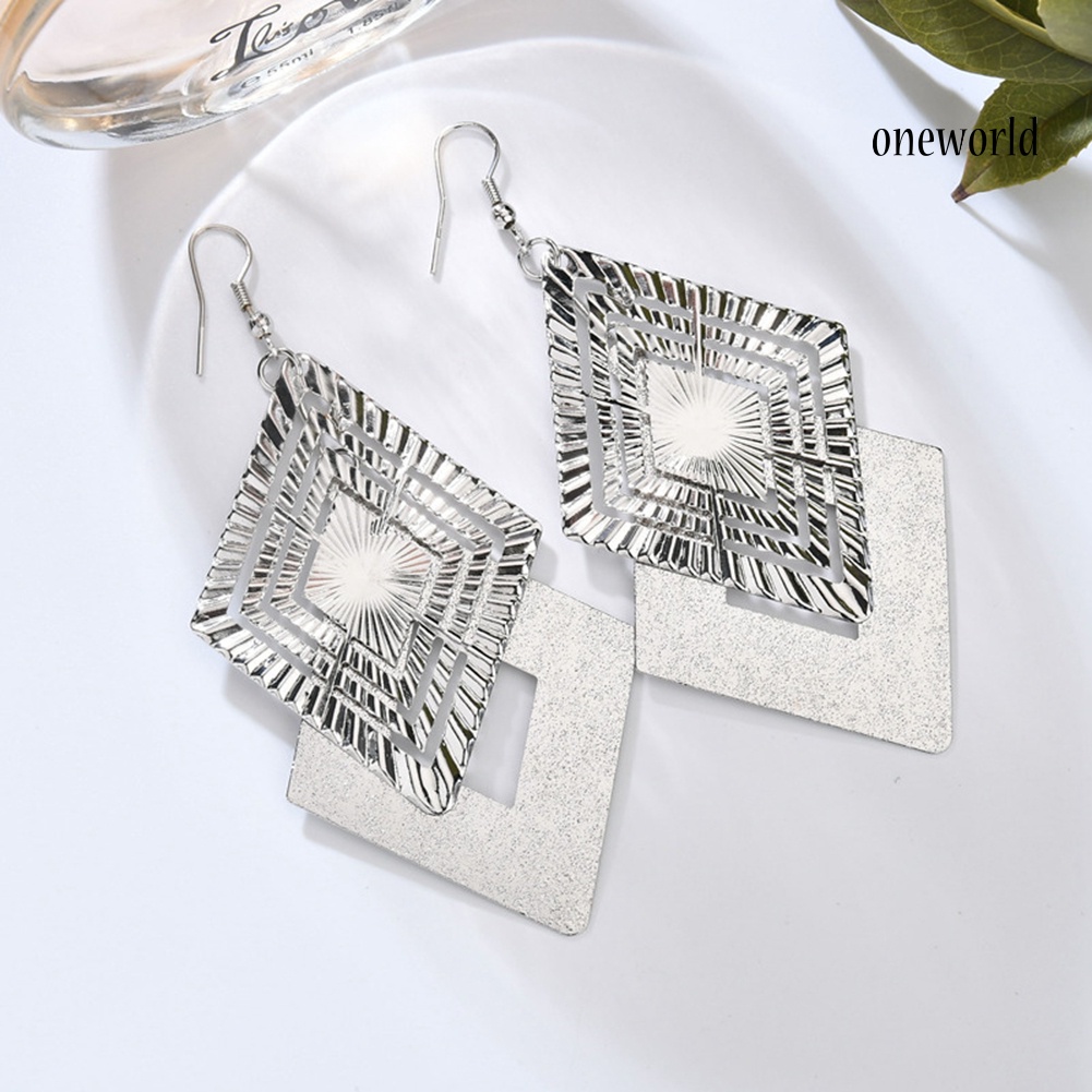 OW@ Fashion Matte Hollow Double Layer Jewelry Rhombus Long Dangle Hook Earrings