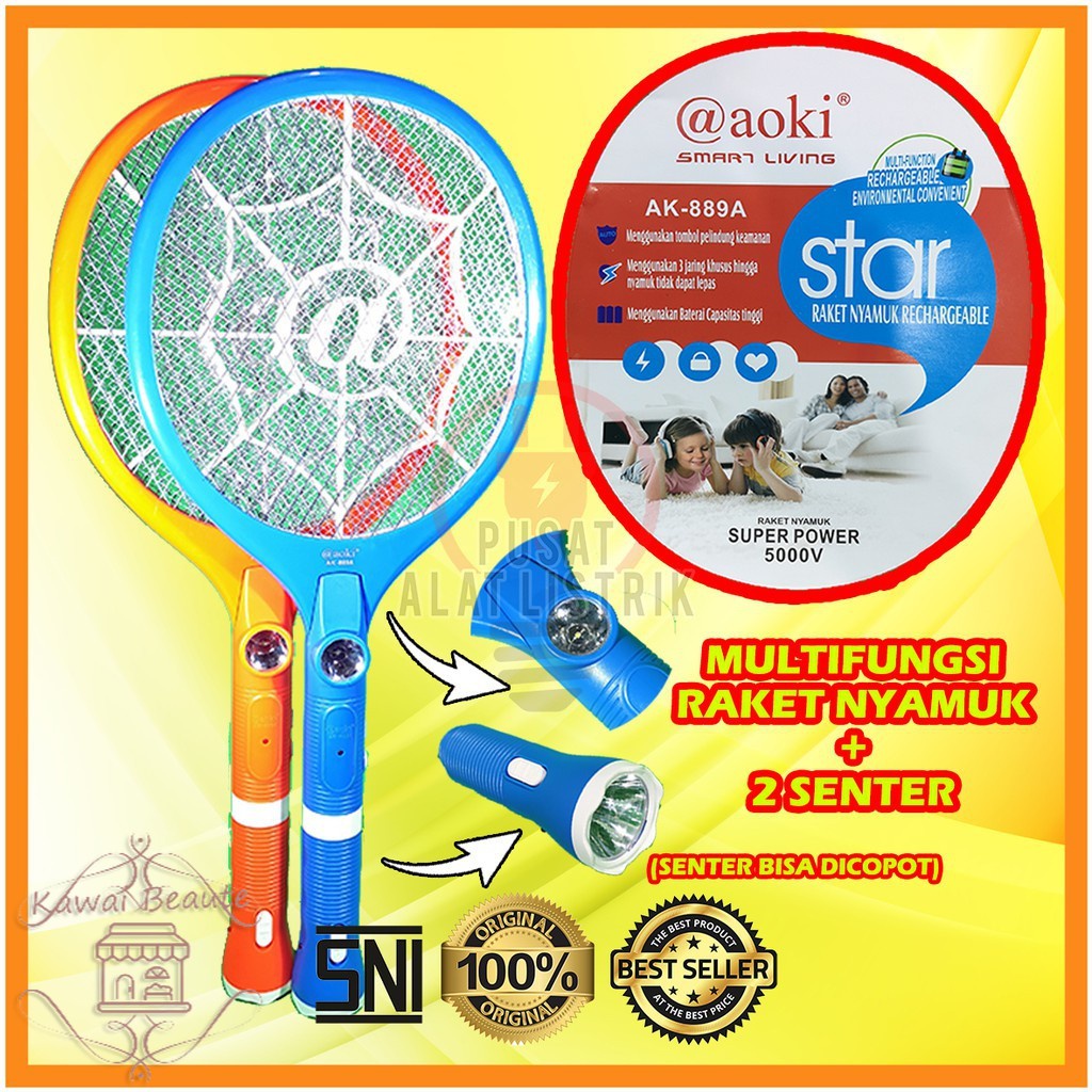 Aoki 889A + Senter Raket Nyamuk Senter Cabut/ Mosquito Killer Efektif Membunuh Nyamuk dengan Cepat!