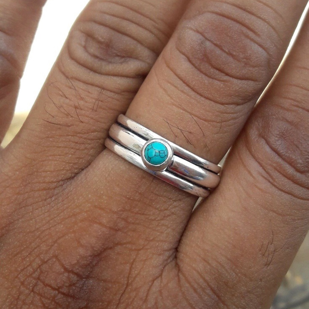 Hu Hu Hu Hu Hu Alat Bantu Pasang Kacamata♡ Cincin Tiga Lapis Gaya Etnik Vintage Dengan Turquoise Untuk Wanita