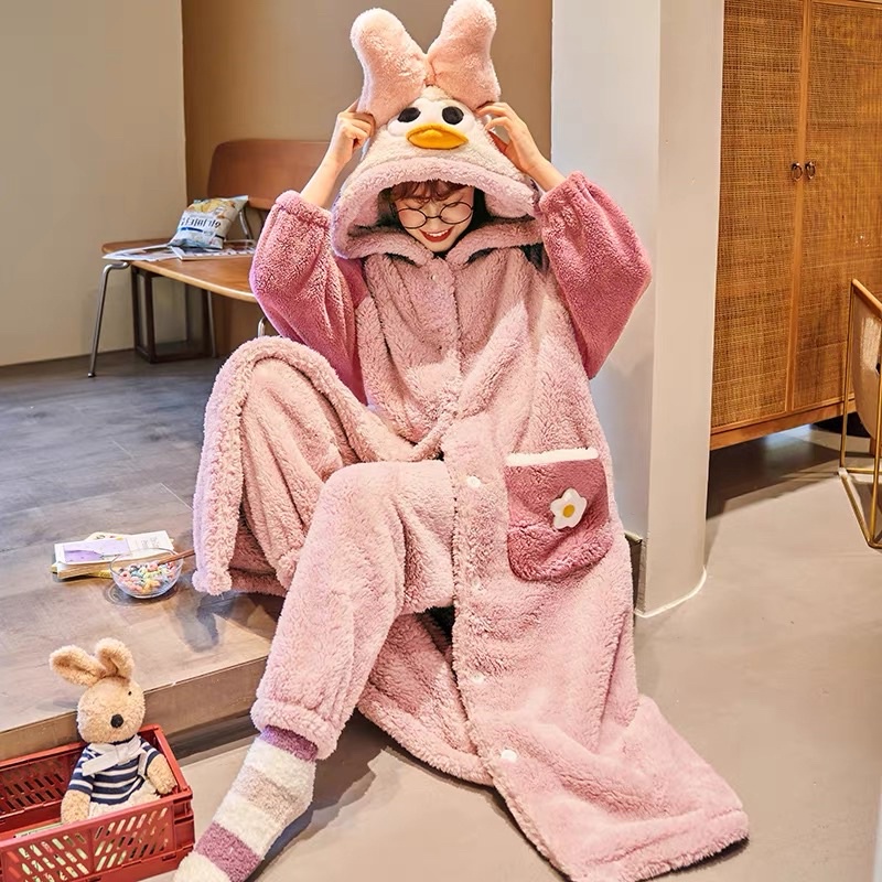 Pajamas set import korea piyama wanita oversized baju tidur big size onesie pink duck bow jumbo hangat winter