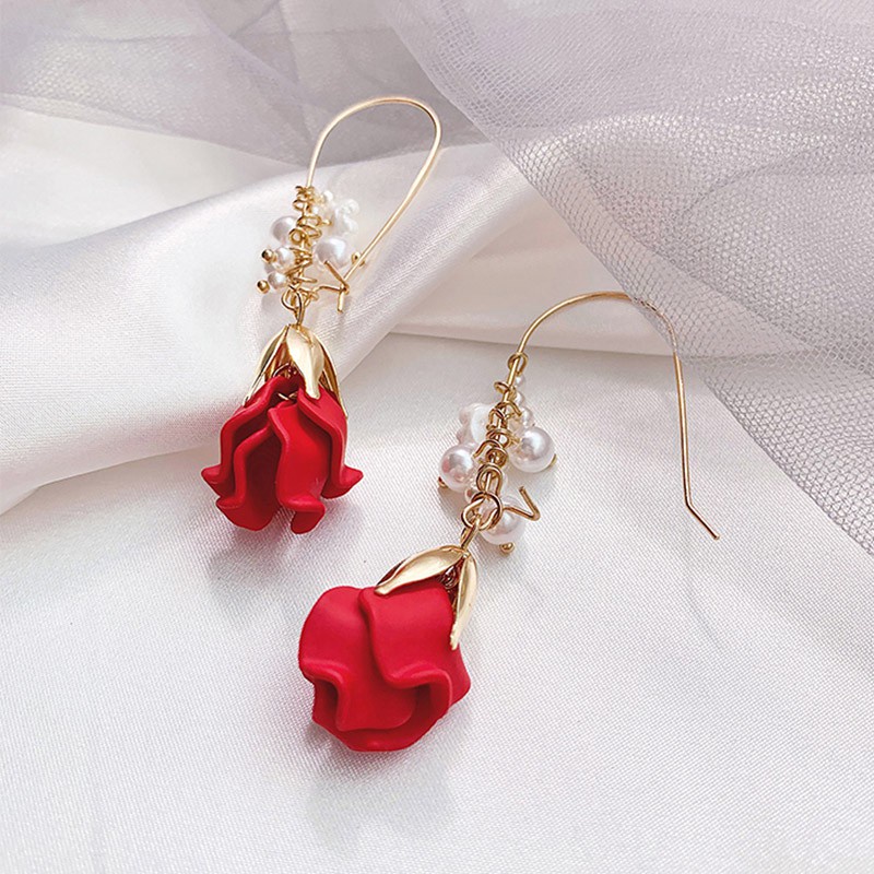 Anting Desain Kelopak Bunga Mawar Merah Gaya Korea