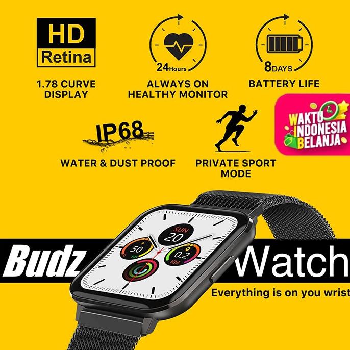 Budz Smartwatch Waterproof IP68, Heart Rate, Blood Pressure Oxygen EKG