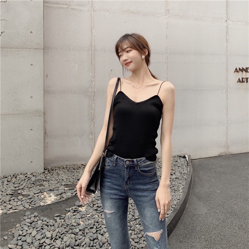T968 • Korea Knit Tank Top • Kamisol Rajut • Tanktop Polos Tali Spaghetti • Fashion Wanita-Black