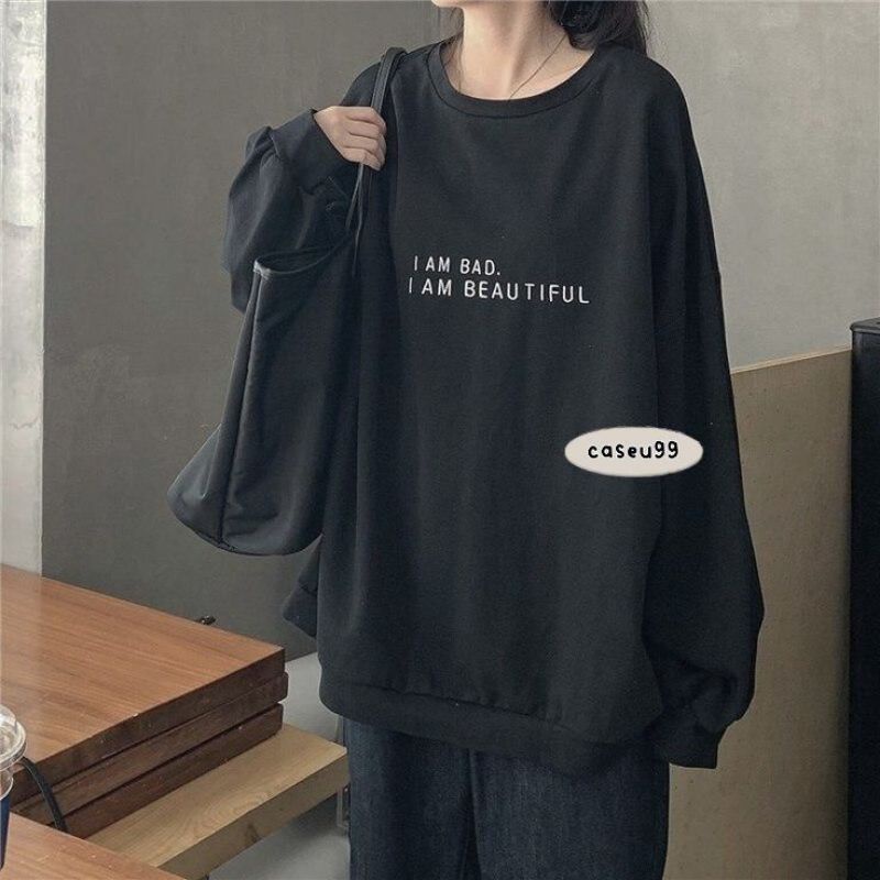 sweater iam bad iam beautiful dark grey abu gelap swag Harajuku// crewneck sweetshirt wanita pria perempuan laki cewe cowo unisex bahan fleece// sweater distro viral// Women Man Sweatshirts Loose Oversize Pullover print sablon