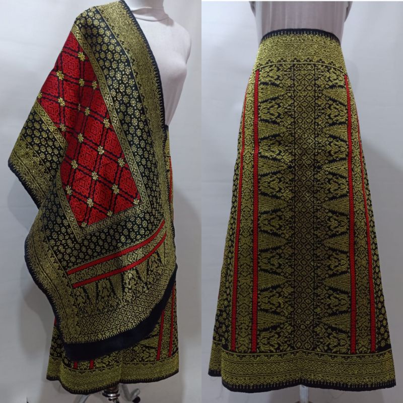 Songket Palembang Asli Motif Bunga Cina Warna Hitam Merah