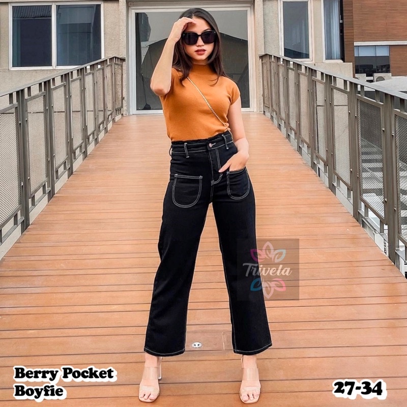 Berry Pocket Boyfie Hitam / Boyfriend Jeans Wanita