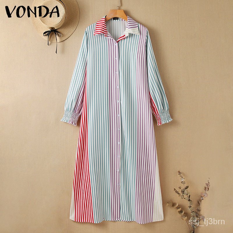 VONDA Women Long Sleeve Colorful Striped Lapel Button Down Maxi Dress