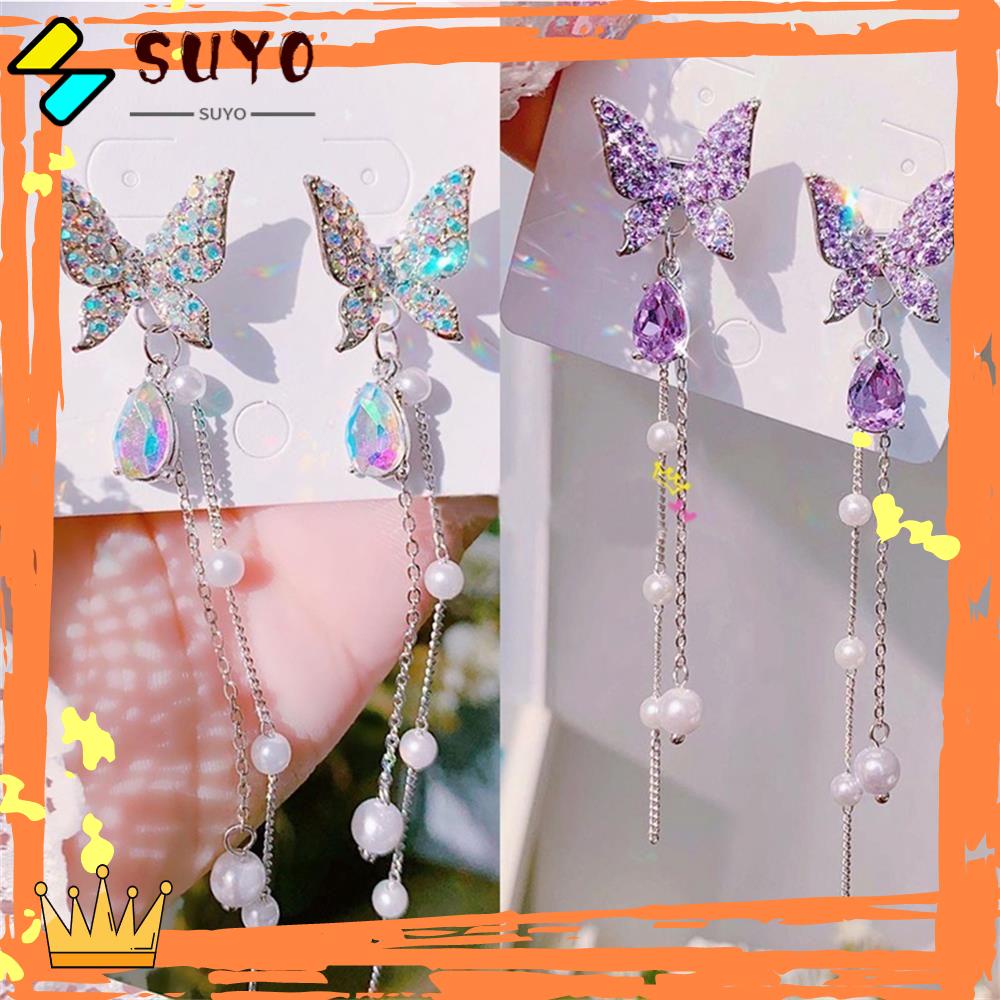Suyou Anting Gantung Panjang Kait Motif Kupu-Kupu Aksen Mutiara + Hollow Untuk Perhiasan Wanita / Pesta