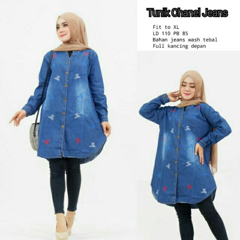 BAJU WANITA DEWASA MODEL TUNIK JEANS CHANEL BORDIR MURAH KWALITAS PREMIUM CANTIK DAN ELEGAN