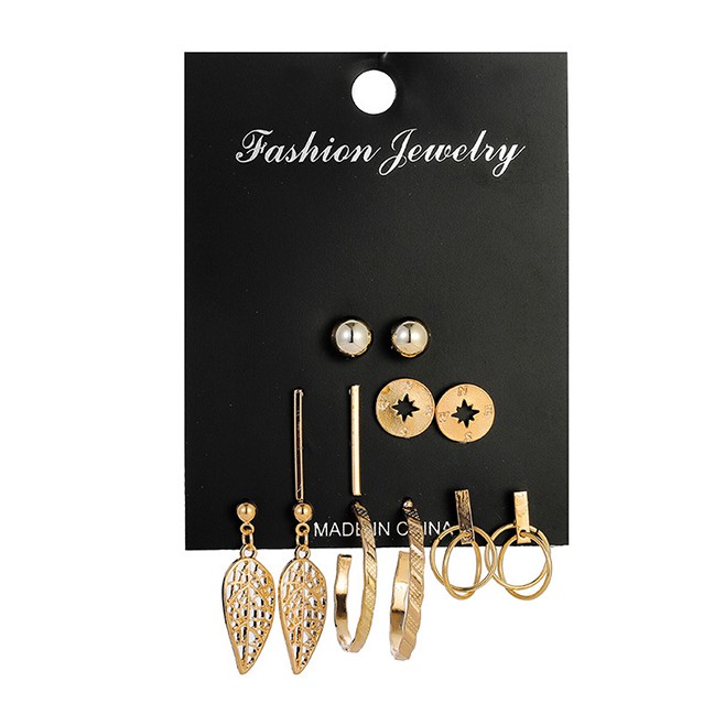 LRC Anting Set Fashion Gold Pearl Leaf Geometric Earring Set F88402