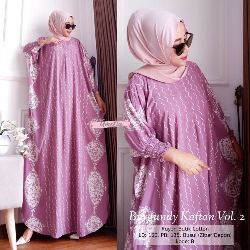 Burgundy Kaftan Wanita Size Jumbo XXXXL Motif Batik Cap Encim Soft Color Busui Resleting Legan 3/4 Gamis Rayon Kaftan