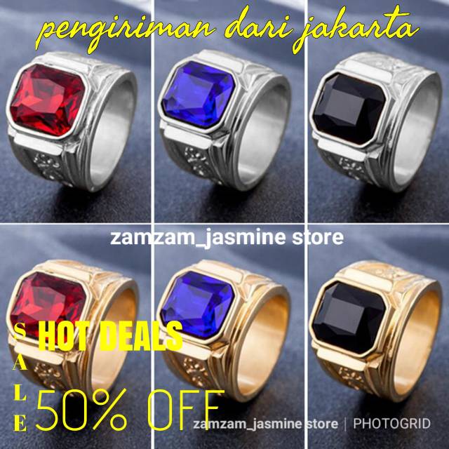 Cincin Pria Batu Red Ruby,Blue Sapphire dan Black Cubic Zirconia High Qualty