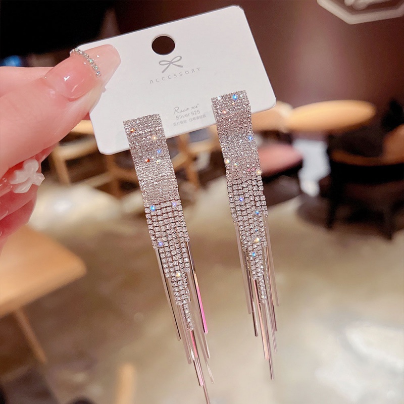 XiaoboACC Anting Gantung Panjang Tusuk Silver Sterling 925 Aksen Zircon + Rumbai Untuk Perhiasan Wanita