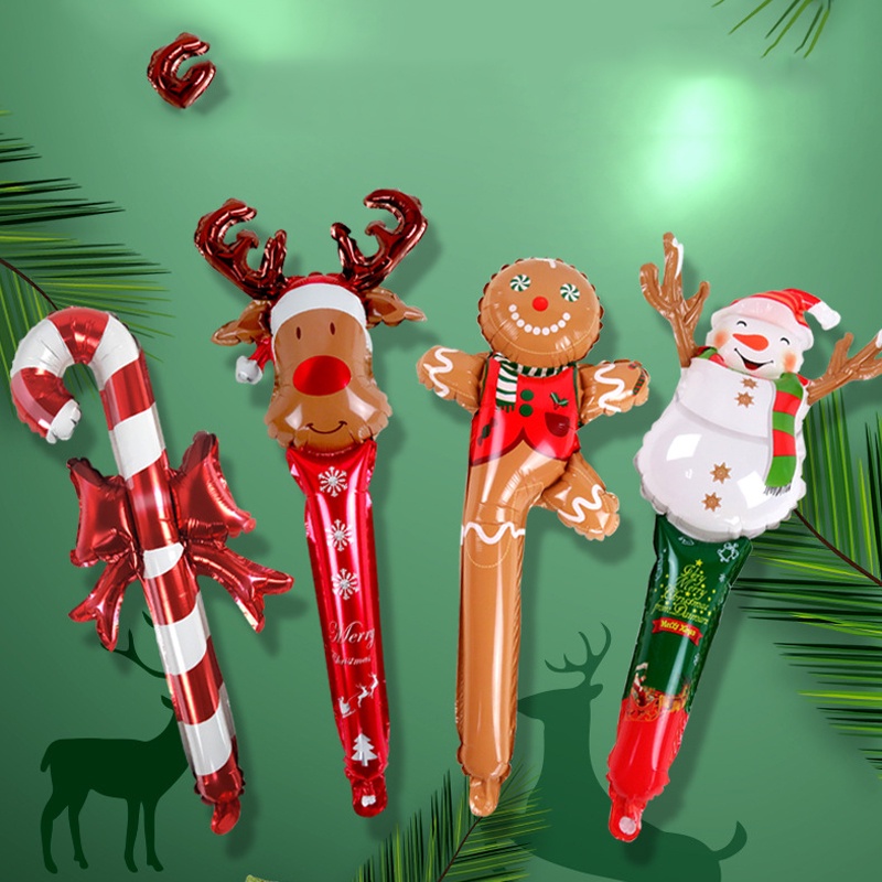 1 Pc Pack 24 Inch Christmas Inflatable Stick / Cane Candy Elk Head Gingerbread Man Snowman Holding Balloon For Home Decor Party Supplies