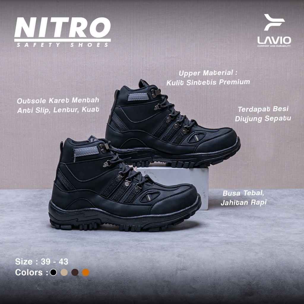 Sepatu Safety Boot Tinggi Pria Lavio Nitro High dengan Ujung Besi Sefty Cowok Bahan Karet Mentah Anti Slip Outdoor Kerja Lapangan Proyek