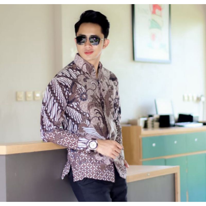 atasan kemeja batik pria lengan panjang bahan katun sanforis full lapisan furing