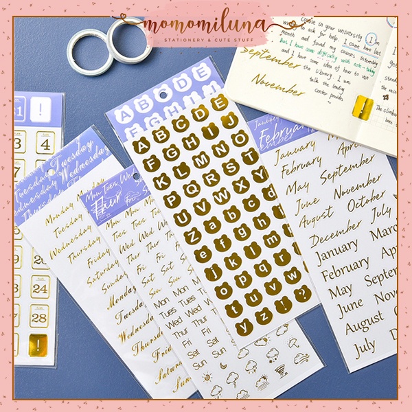 

Sticker gold alphabet huruf week month days tulisan nama hari bulan kalender planner diy jurnal deco stiker kawai estetik cute MK1327