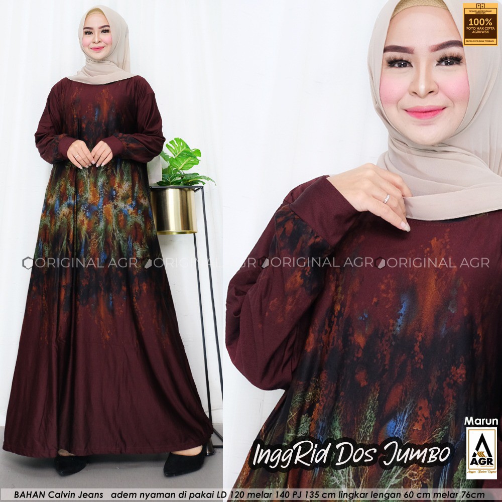 best saller // Inggrid Dos Jumbo // dres maxy // kekinian // terbaru // gamis motif // bahan calvin jeans