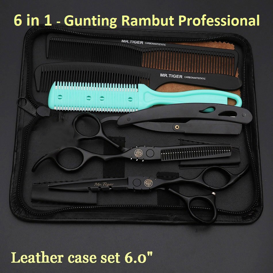 Gunting Rambut Professional Barber Hairdressing Scissors 6 Inch 2 PCS with Razor Comb + Hair Knife