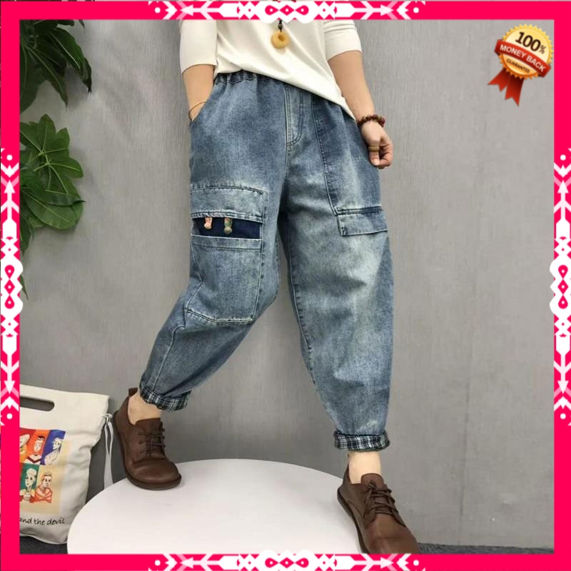 Celana Highwaist Wanita Jeans Spring Arts Style Women Elastic Waist Casual Cotton Denim Harem Pants 