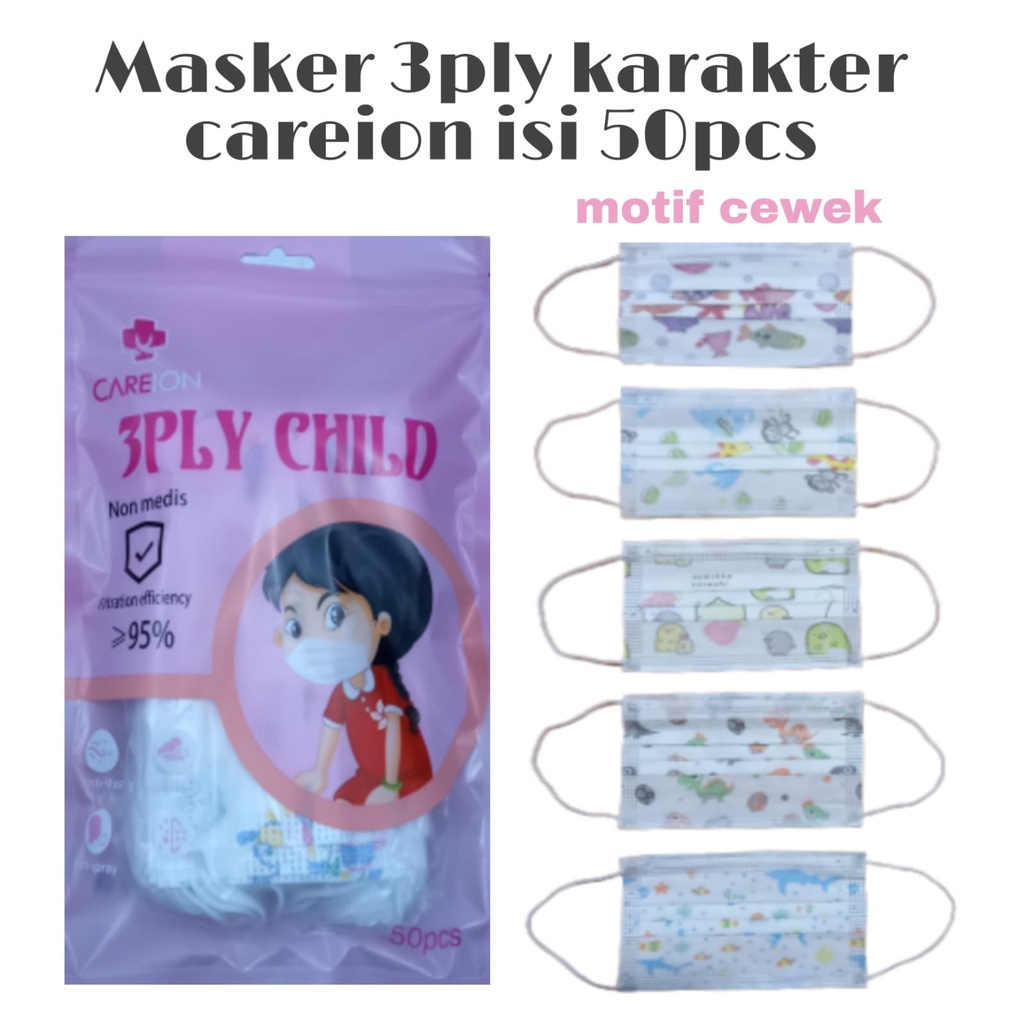 MASKER ANAK KARAKTER MASKER 3 PLY CAREION KARAKTER/POLOS ANAK MASKER Anak Disposable Mask isi 50pc