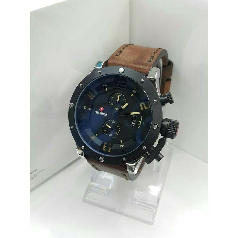 JUAL JAM TANGAN EXPEDITION 6381 PRIA SILVER BLACK LEATHER BROWN ORIGINAL