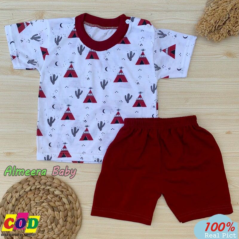 Setelan Baju Bayi Setelan Piyama Bayi Lengan Pendek Kancing Pundak Motif Piramida Usia 3-12 Bulan Almeera Baby and Kids