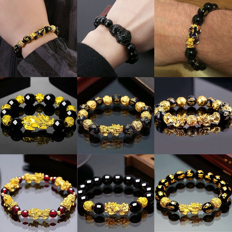 Pi Xiu Gelang Tangan Batu Obsidian Warna Hitam Untuk Keberuntungan