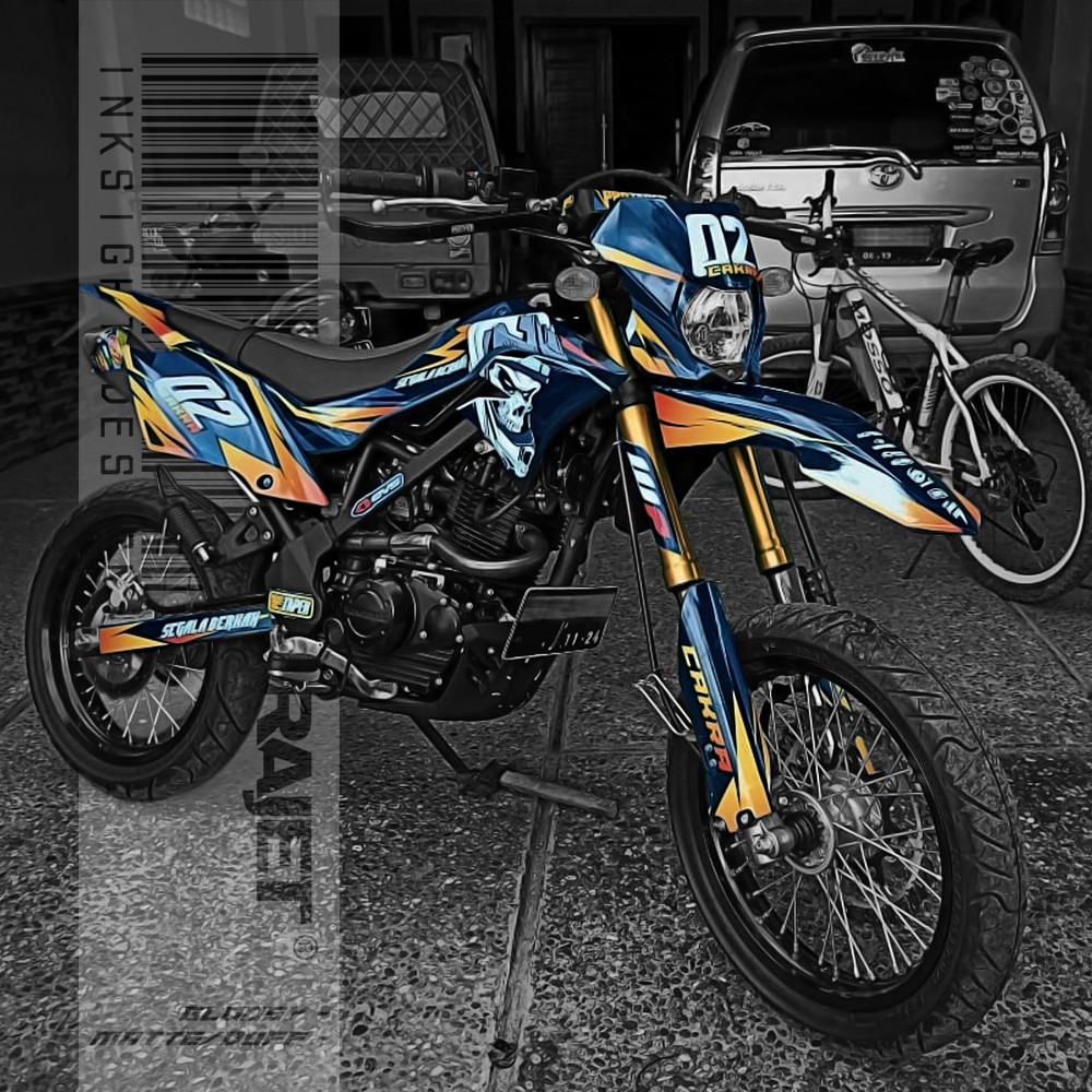 Decal Dtracker 150 KLX Dekal Sticker Motor Custom Motif Grafis Supermoto Skull Tengkorak Orange Cust